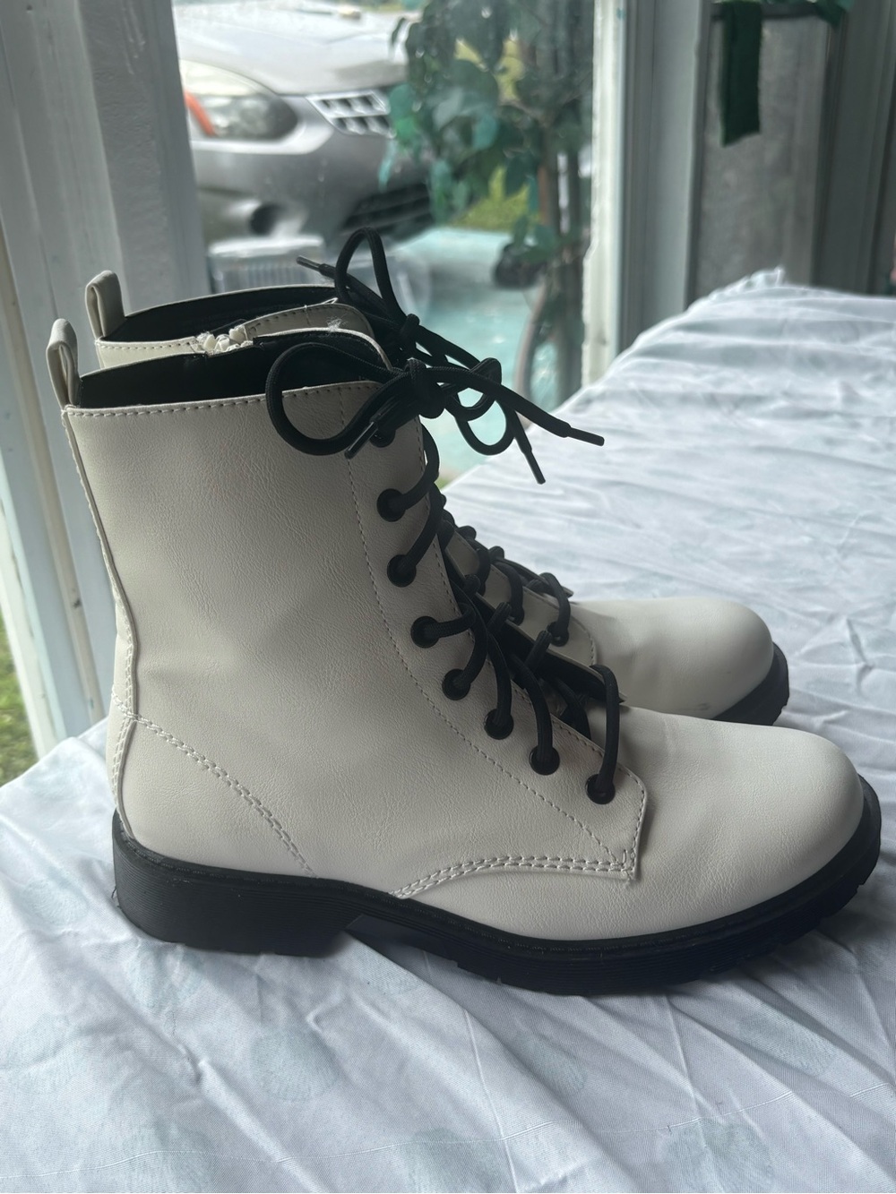 Women's White Lace-Up Combat Boots with Black Soles